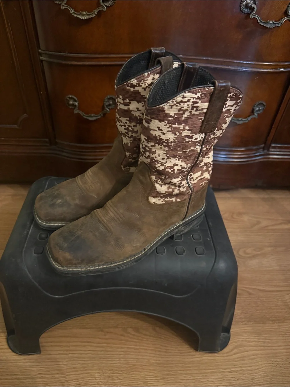 Old West Brown Leather & Camo Canvas Kids' Pull-On Boots